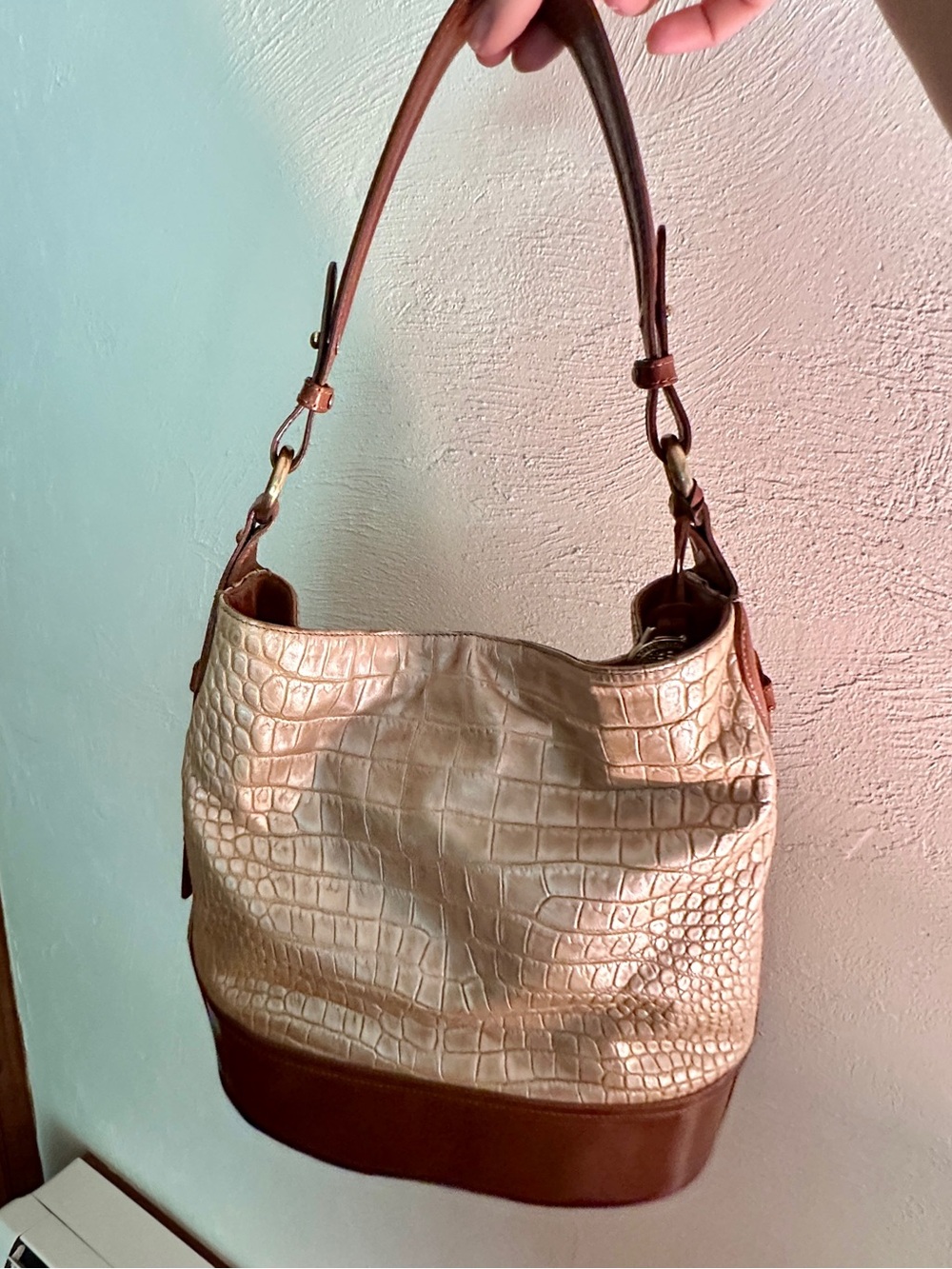 Vintage Brahmin Metallic Croc-Embossed Hobo Bag in Light Gold & Brown Leather
